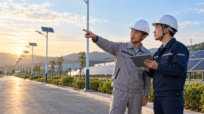 Engineers discussing a customized solar street light and photovoltaic project