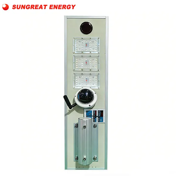 Sungreat Energy FNC 150W all-in-one solar street light featuring 3 LED modules, MPPT controller, and a built-in 2MP PTZ surveillance camera for smart lighting.