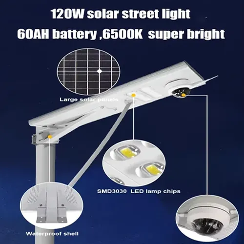 Lampione stradale solare BKC da 120 W con telecamera CCTV, batteria da 60 Ah e chip LED SMD3030