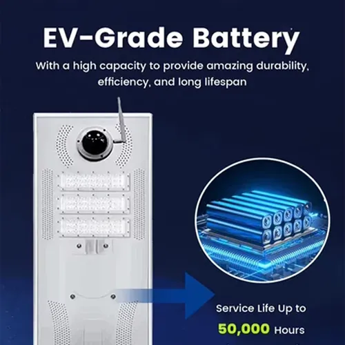 Lampione stradale a energia solare con batteria di livello EV, telecamera integrata e moduli LED.