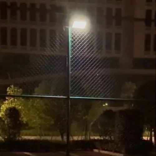 Projecteur solaire FL installé sur un poteau éclairant une zone extérieure la nuit