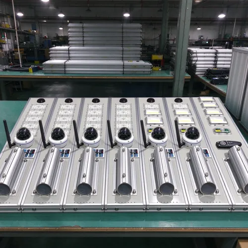 FNC solar street lights with cameras assembled on a factory production line