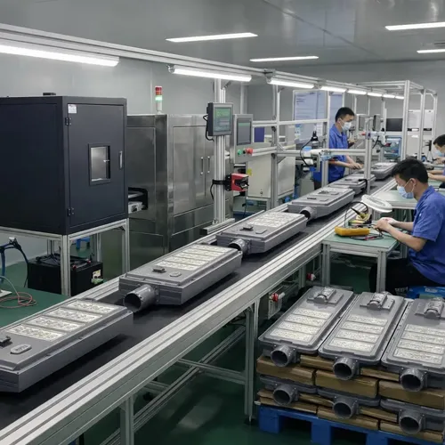 FNC solar street lights assembled on a factory production line