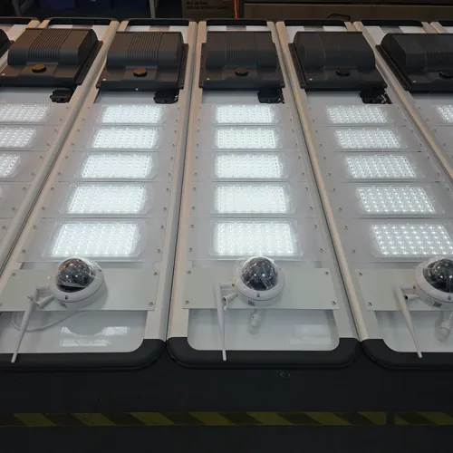 FXC camera-equipped solar street lights with LED panels on a factory production line