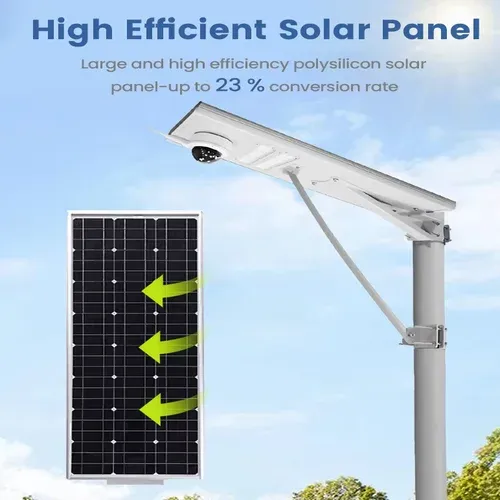 Pannello solare in polisilicio ad alta efficienza su un lampione solare con telecamera di monitoraggio.