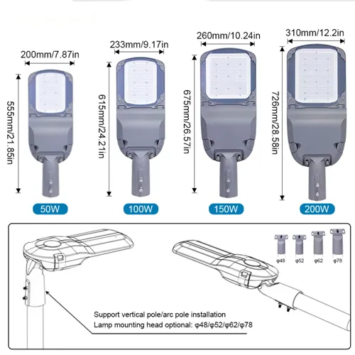 Dimensioni e opzioni di montaggio su palo dei lampioni a LED alimentati dalla rete elettrica di Los Angeles.