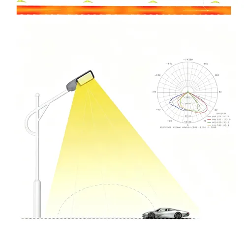 Lampione stradale a LED di Los Angeles che illumina una carreggiata con diagramma di distribuzione fotometrica