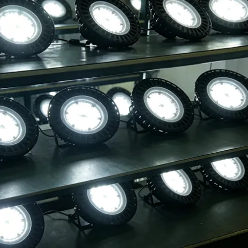 QC Series sports field lights undergoing batch LED illumination testing in the production workshop