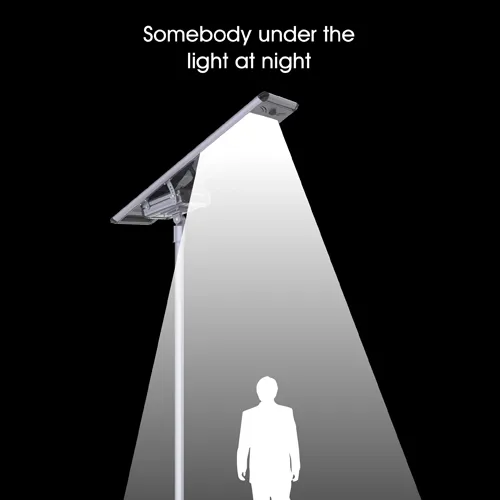 QM Series solar street light illuminating a person detected beneath the lamp at night