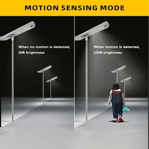 QS series integrated solar street light with auto cleaning function motion sensing mode showing 30 percent and 100 percent brightness