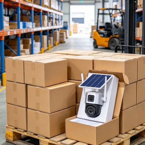 Solar street light camera na may integrated solar panel sa export packaging sa isang bodega