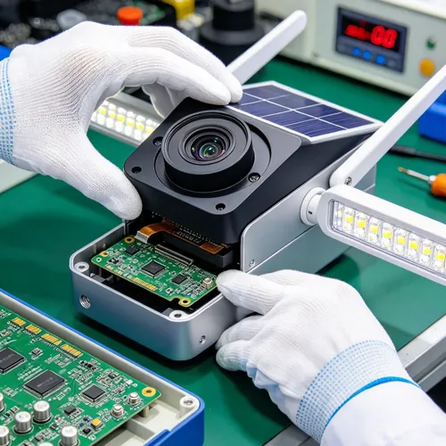 Tekniko na nag-a-assemble ng solar street light camera na may PCB, solar panel, at mga LED light