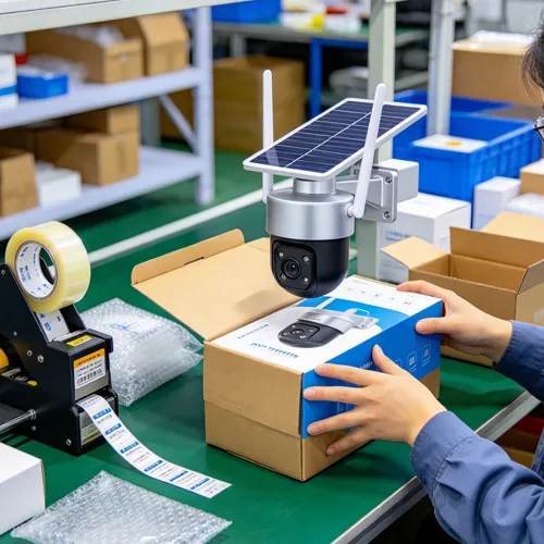 Trabahador na nag-iimpake ng solar street light camera na may integrated solar panel at antenna