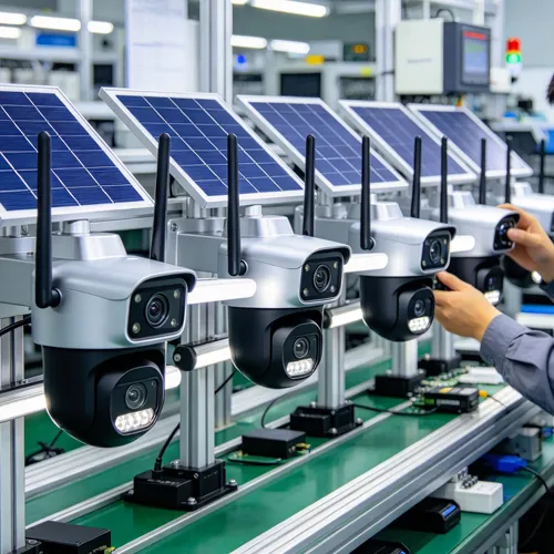 Mga solar street light camera na may integrated solar panel sa isang linya ng produksyon ng pabrika