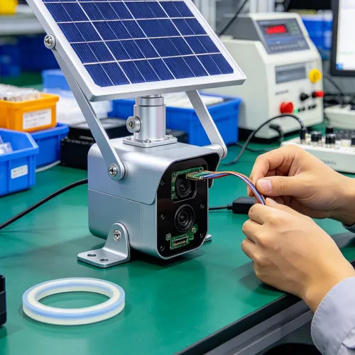 Tekniko na nagkokonekta ng mga kable sa isang solar street light camera gamit ang isang integrated solar panel