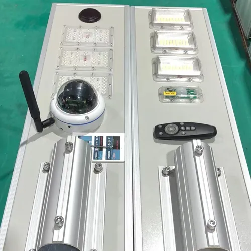 Front component layout of solar street lights with security camera, LED modules and remote controller