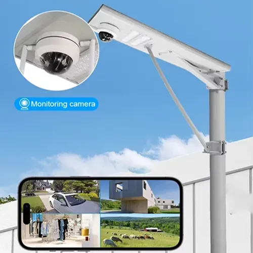 Lampione solare con telecamera di sorveglianza e display per la visualizzazione remota tramite smartphone.