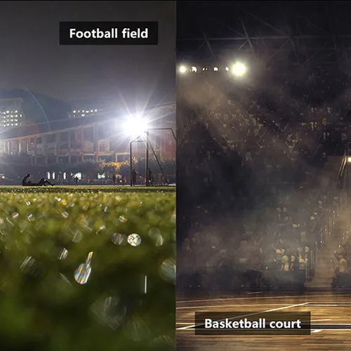 QC LED sports lights illuminating a football field and basketball court at night