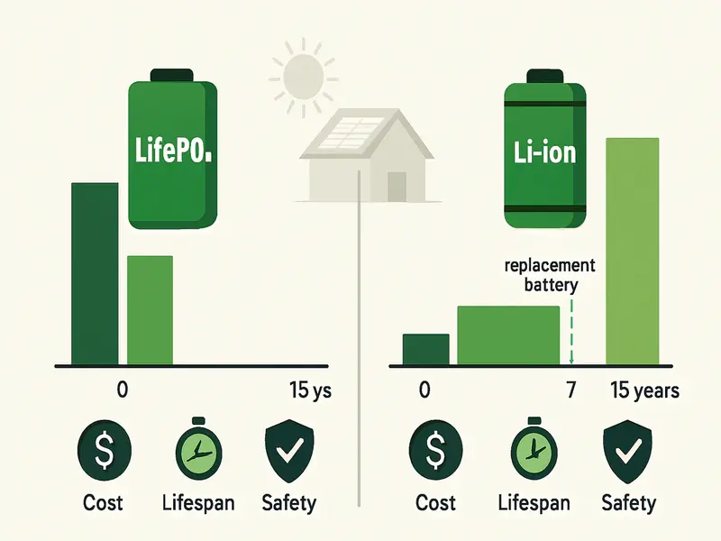 Sungreat Energy LiFePO4 vs. Ternary Lithium battery comparison chart showing safety, cycle life, energy density, and performance for solar energy storage.