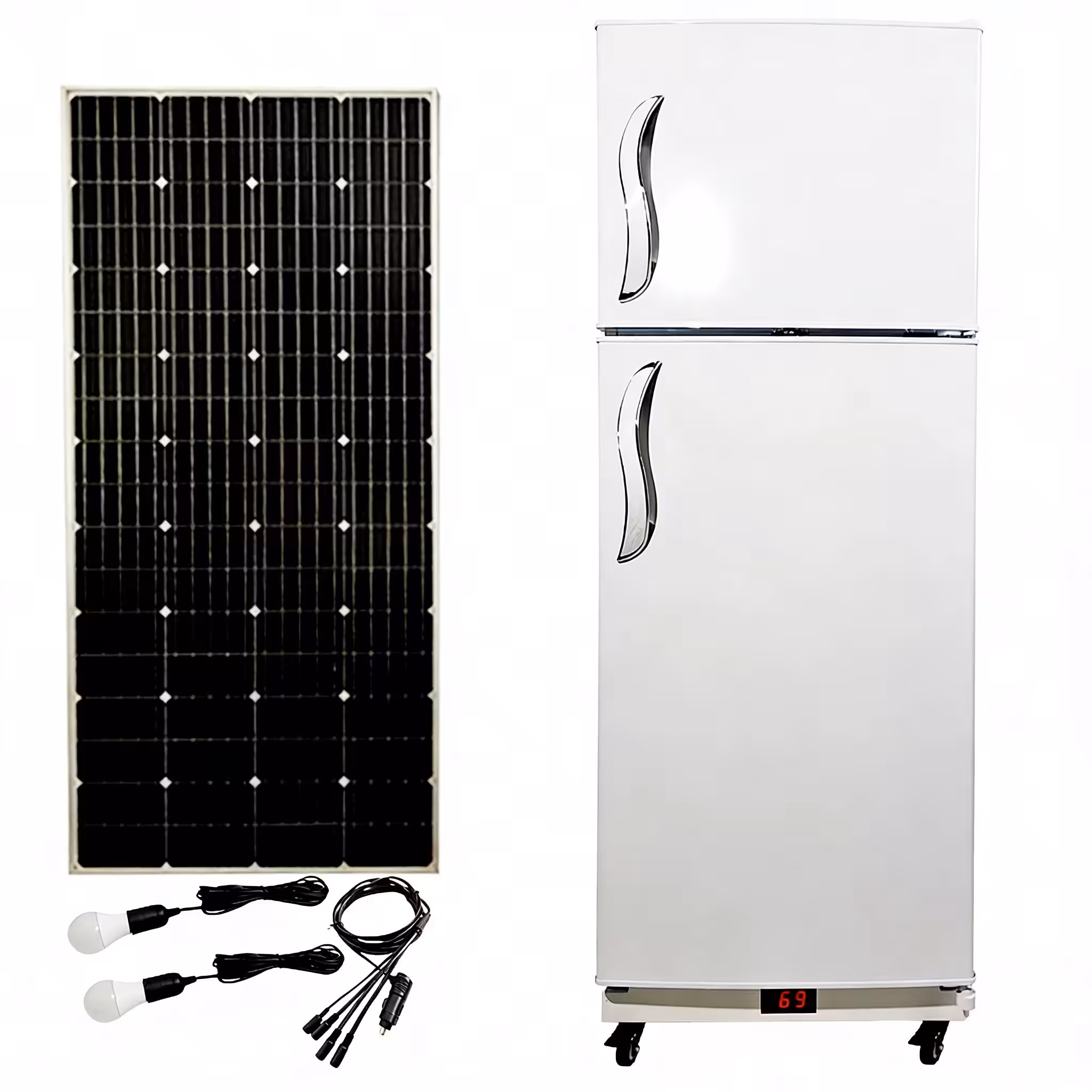 Sungreat Energy SDR Series solar refrigerator system featuring a white double-door fridge with digital display, a monocrystalline PV panel, and included LED bulbs with wiring for off-grid lighting and cooling.