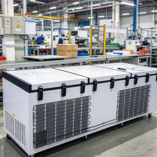 Solarbetriebene Gefriertruhen mit rückseitigen Kondensatorspulen in einer Fabrikfertigungslinie