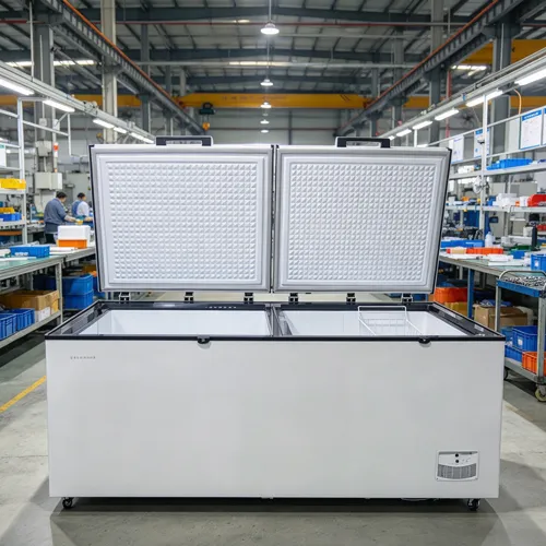 Solargefriertruhe mit offenen Deckeln und Innenaufbewahrungskörben in einer Fabrik