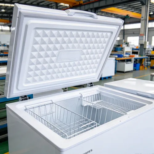 Geöffnete Solar-Gefriertruhe mit isoliertem Deckel, Drahtkörben zur Aufbewahrung und Innenfach