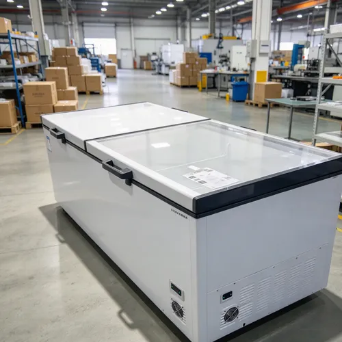 Solar-Kühlschrank mit Glasschiebedeckeln in einer Fabrikwerkstatt