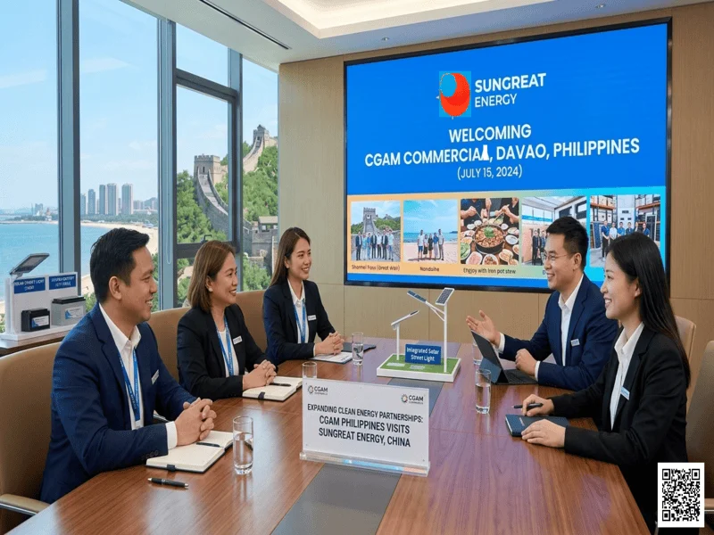 CGMA delegation visit to Sungreat Energy headquarters featuring solar street lights and renewable energy solutions.