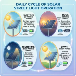 cycle quotidien de fonctionnement des lampadaires solaires