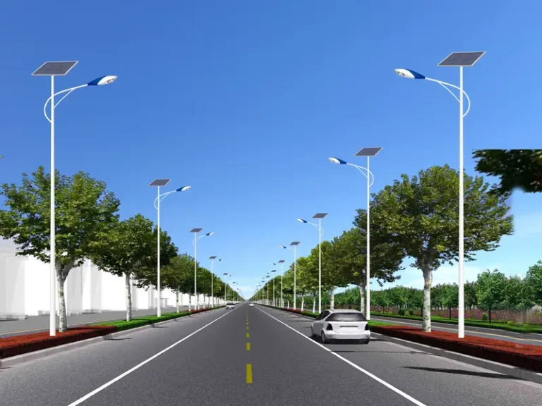 The future of smart solar street lights illuminating public roads for sustainable urban development.