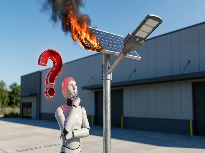 A cheap unbranded solar street light burning and melted due to battery failure and poor quality control.