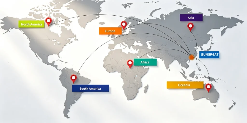 SUNGREAT Energy – Weltweite Solarenergie-Karte mit Hervorhebung von Photovoltaikprojekten und EPC-Baupartnerschaften in Ostafrika, einschließlich Tansania, Kenia und Uganda.