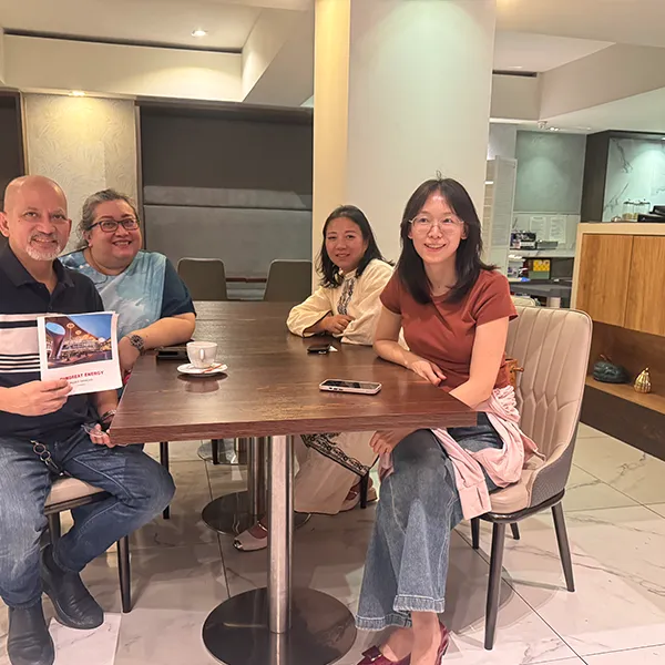 Das professionelle Team von Sungreat Energy posiert mit internationalen B2B-Kunden in den Firmenräumen für ein Foto.