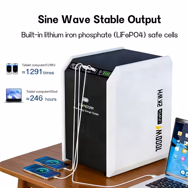 Ein weiß-schwarzes 1000W 2kWh reines Sinuswellen-LiFePO4-Solarenergiespeichersystem lädt Smartphones und einen Laptop-Computer auf einem Holzschreibtisch.