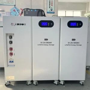 51.2V 350AH LiFePO4 energy storage floor stand units with digital displays and side connection panel