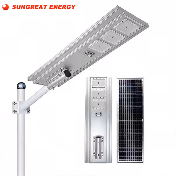 Sungreat Energy FN Series integrated solar street light featuring a rear mounted solar panel and multi module LED roadway lighting design