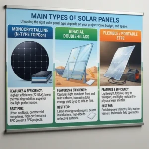 Main Types of Solar Panels Choosing the right solar panel type depends on your specific project scale, budget constraints, geographic location, and space availability.