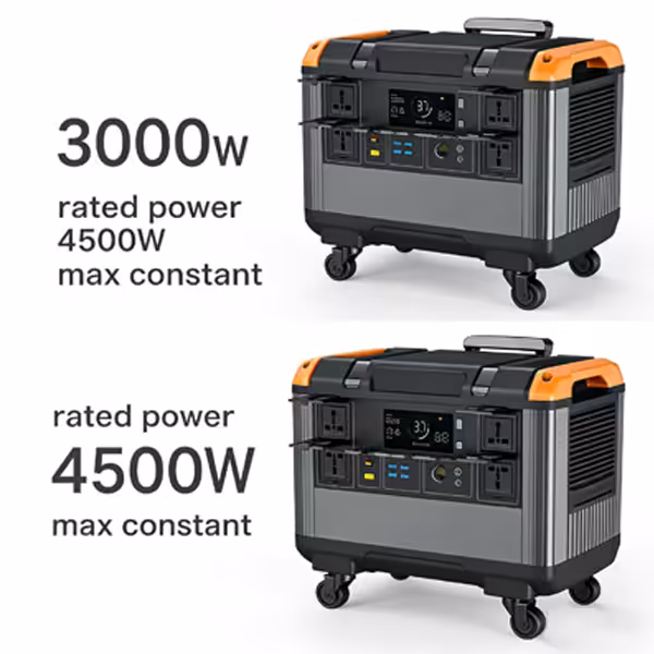 Tragbare Solarstromstationen auf rollbaren Lenkrollen mit Mehrfachsteckdosen, digitalem LCD-Display und orangefarbener Umrandung.