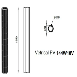 Technical diagram of Sungreat Energy VS Series vertical cylindrical solar module showing 144W 18V specs, 1950mm height, and 140mm diameter cross-section