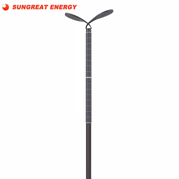 Sungreat Energy VS Series smart solar street pole featuring vertical cylindrical solar panels and dual-arm LED lighting for IoT infrastructure