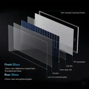 Exploded view diagram of bifacial double glass mono solar panel showing front glass solar cells EVA films TPT backsheet rear glass and aluminum frame layers