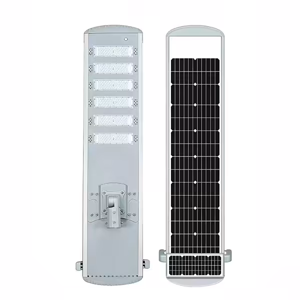 Front and back view of QS Series all-in-one solar street light showing LED module array and integrated monocrystalline solar panel