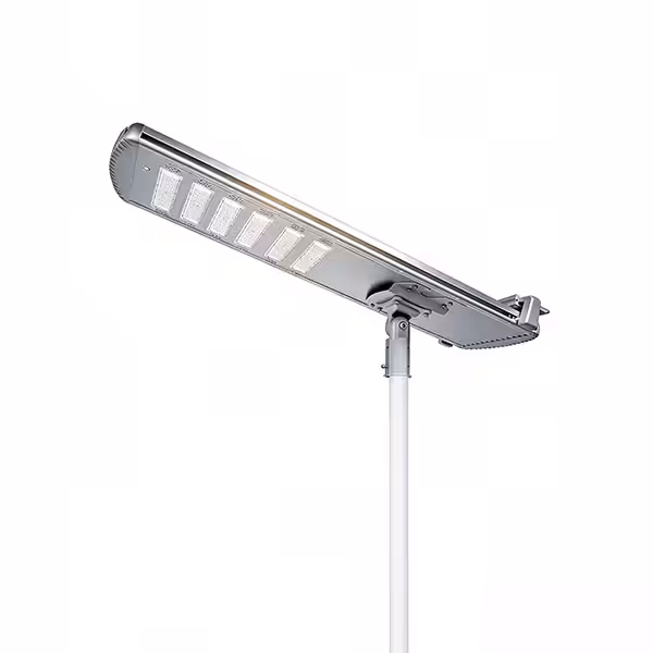 Side profile of Sungreat Energy QS Series all-in-one solar street light showing heat dissipation design and mounting bracket