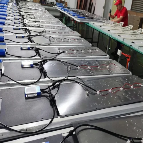 Sungreat Energy DM Series solar LED street lights on production line during factory assembly