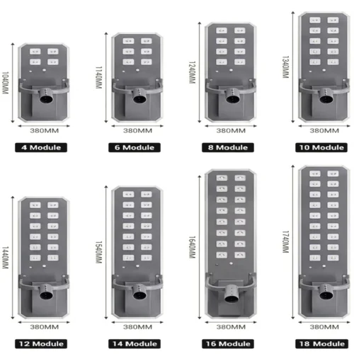 Sungreat Energy DM Series solar street light dimension chart showing 4 to 18 module models