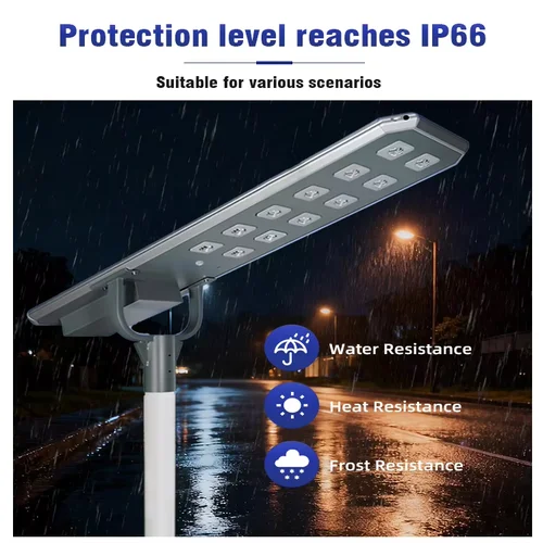 Sungreat Energy DM Series solar LED street light with IP66 protection level in rainy night conditions