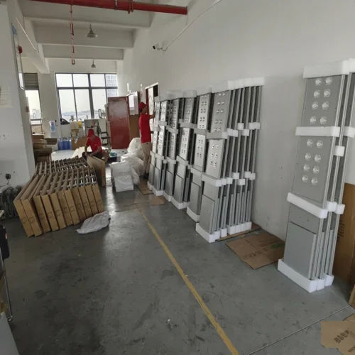 Sungreat Energy DM Series solar street lights in QC department stacked and prepared for shipment