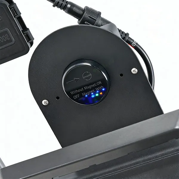 Primo piano dell'interruttore magnetico del lampione solare serie QH di Sungreat Energy, con indicazione ON/OFF e spie LED di stato.