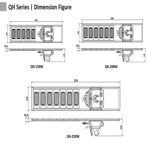 Disegni dimensionali dei lampioni solari Sungreat Energy serie QH per i modelli da 150W, 200W e 250W.